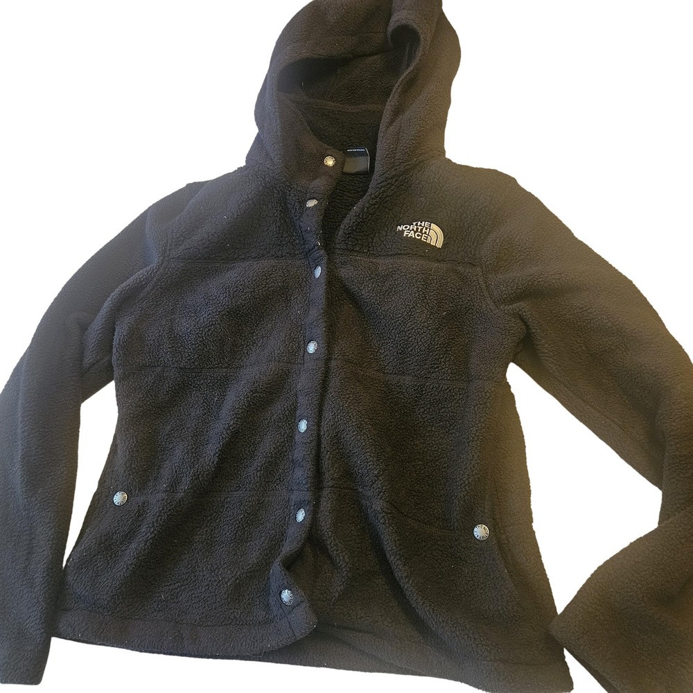 North‎ Face Jacket Womens Small Black Sherpa Fleece Snap Hooded Outdoor Coat